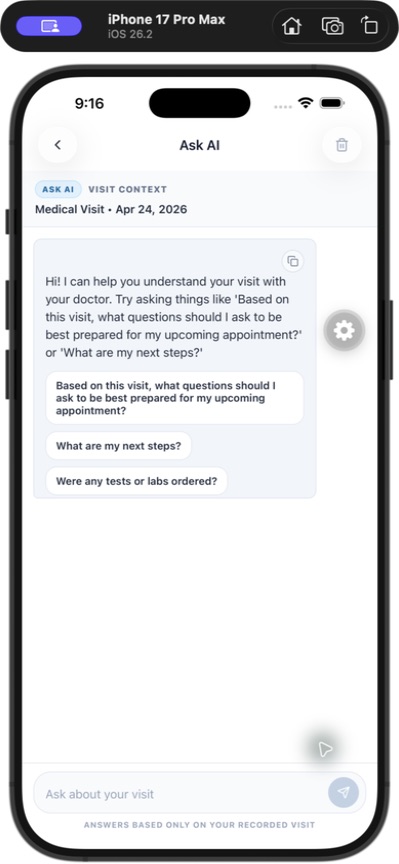 Visit Digest Ask AI chat screen with suggested follow-up questions