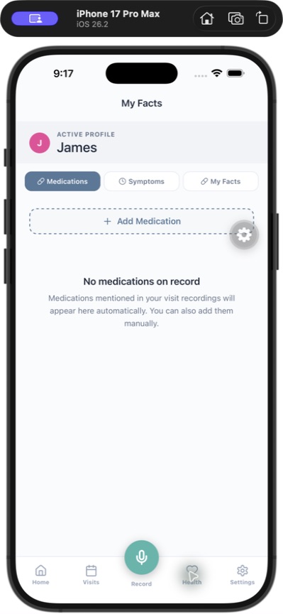 Visit Digest Health screen showing medication and symptom information