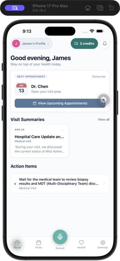 Visit Digest Home screen showing the next appointment area and visit summaries