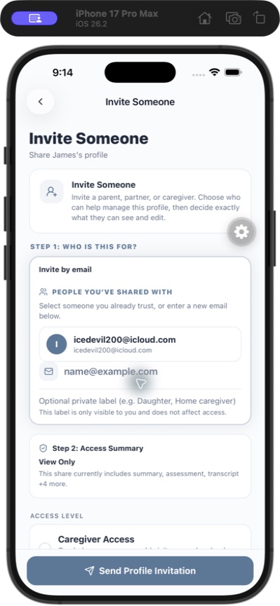 Current Visit Digest Invite Someone screen showing recipient and access options