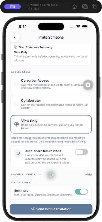 Visit Digest sharing permission design showing access levels and toggles