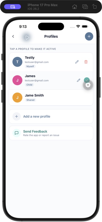 Visit Digest profile switcher showing multiple family profiles