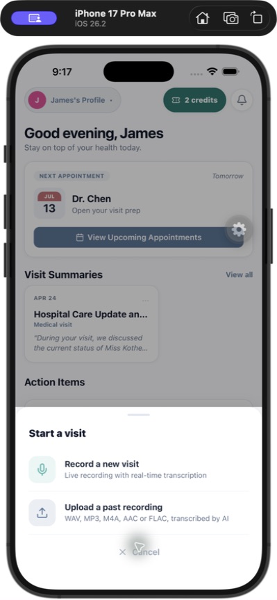 Visit Digest recording screen with microphone and visit controls