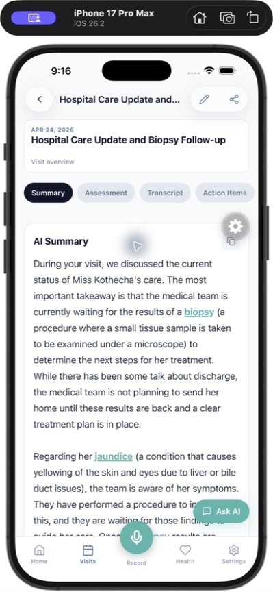 Visit Digest AI-generated visit summary screen