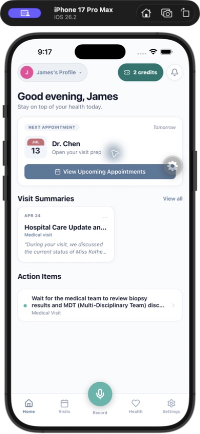 Visit Digest Visit Prep screen showing an appointment and AI-generated preparation questions
