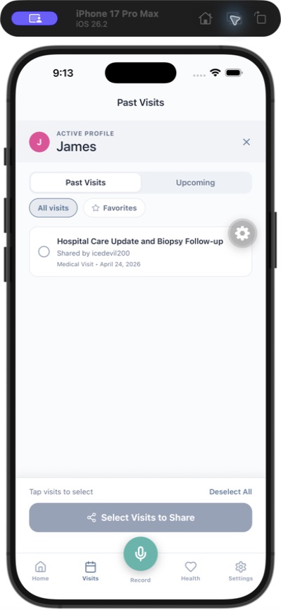 Visit Digest visit history screen with share controls